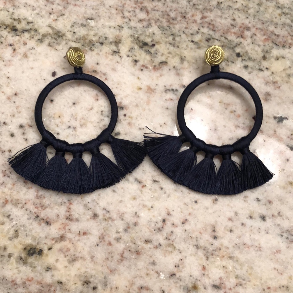 Navy Fringe Hoop Drop Earrings with Gold Stud